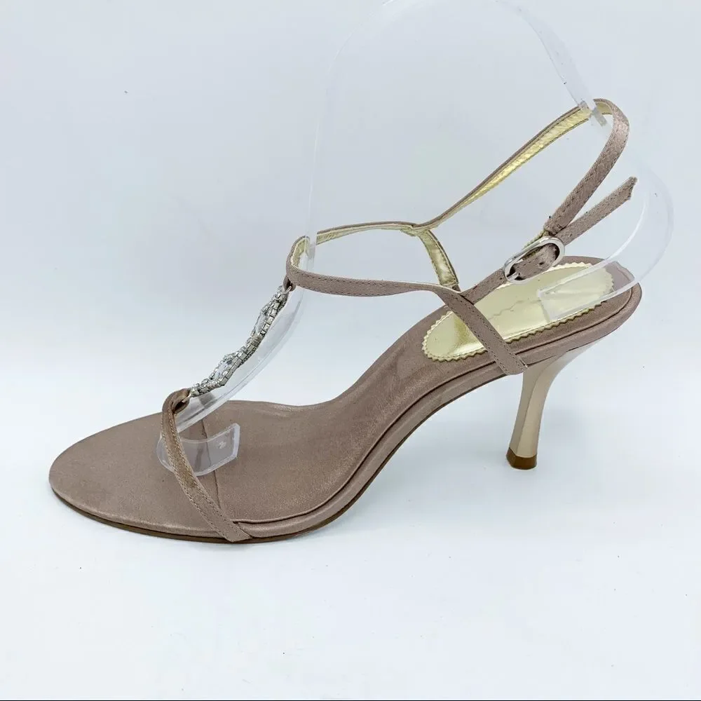 Women's Nina Champagne‎ Satin Crystal Embellished Strappy Evening Sandal Sz 9